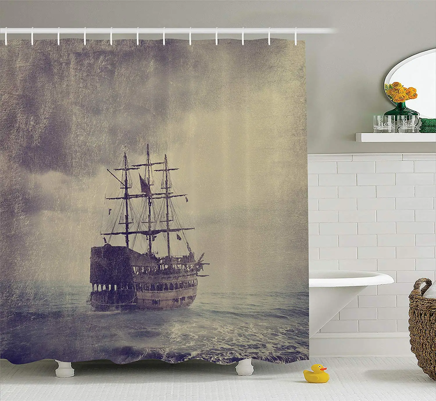 Nautical Shower Curtain Old Pirate Ship in the Sea Historical Legend