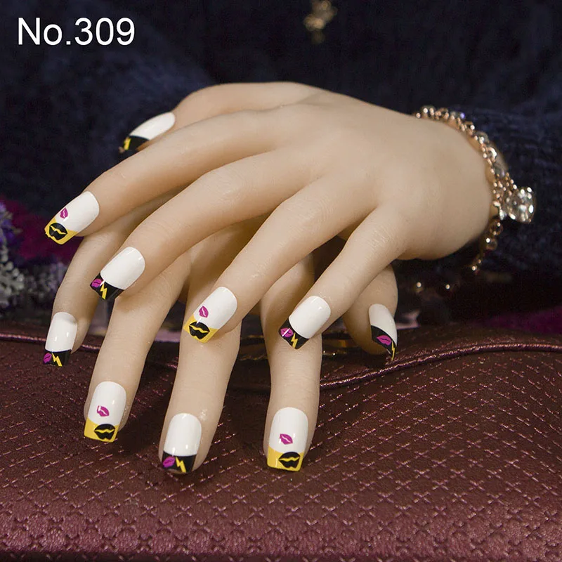 Модное изделие 24 шт./компл. акриловых ногтей Лак готовой накладные ногти для ног, средне-Длинная размер леди полностью накладные ногти с клейкая лента - Цвет: 309