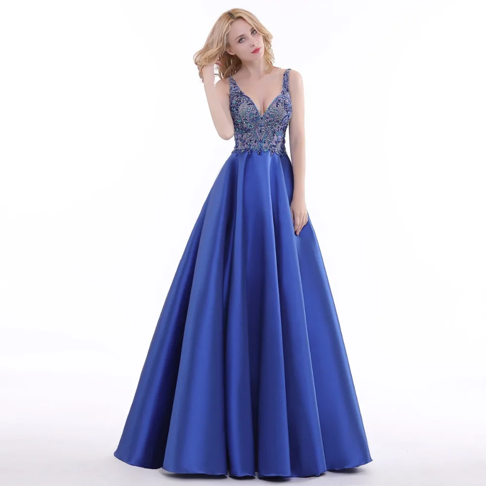 Lemon joyce Formal Dresses Long 2020 Royal Blue Beading Backless V Neck