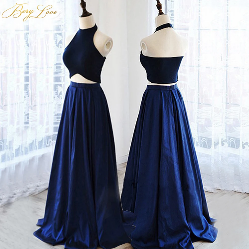 

Simple Two Pieces Navy Blue Prom Dresses 2019 Halter Neck Evening Dress Hollow Out Waist Women Wedding Party Dress