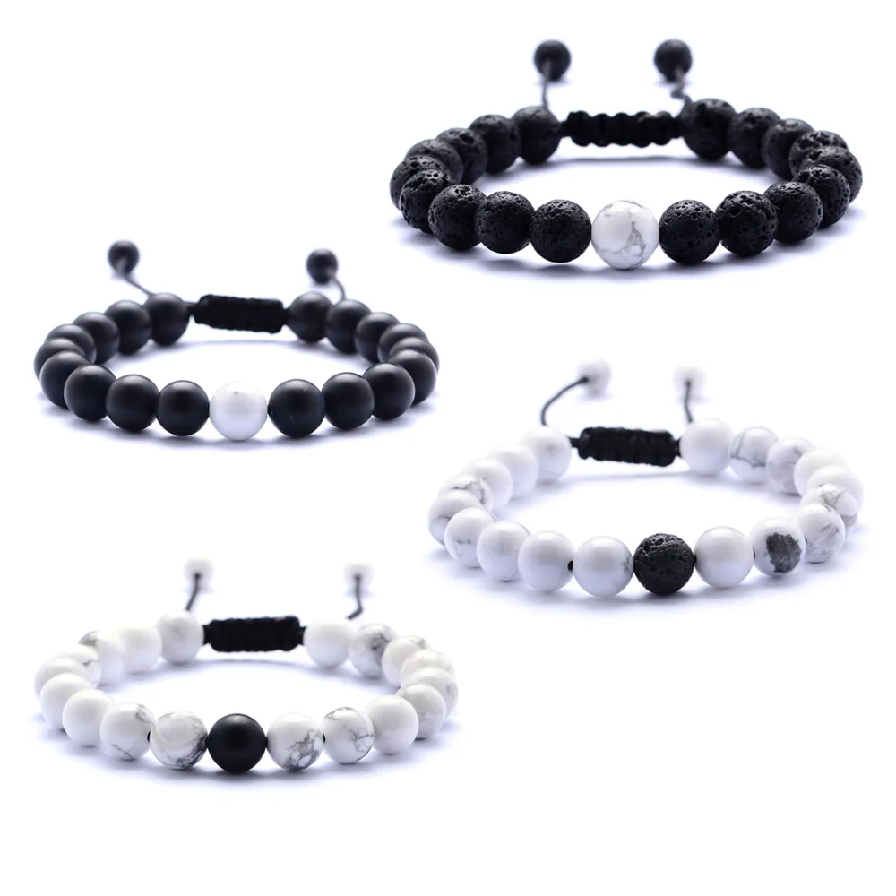 

Natural stone hand string stone white pine grind black agates lovers fashion woven Bracelet for women men