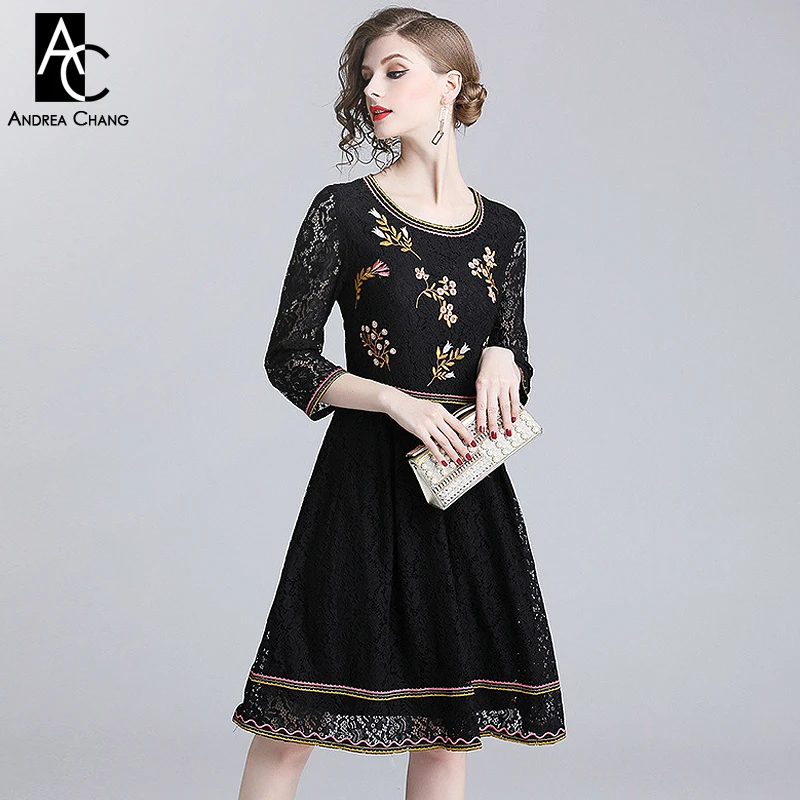 

S-XL spring summer woman dress colorful floral pattern embroidery chest black lace dress 3/4 sleeve vintage knee length dress