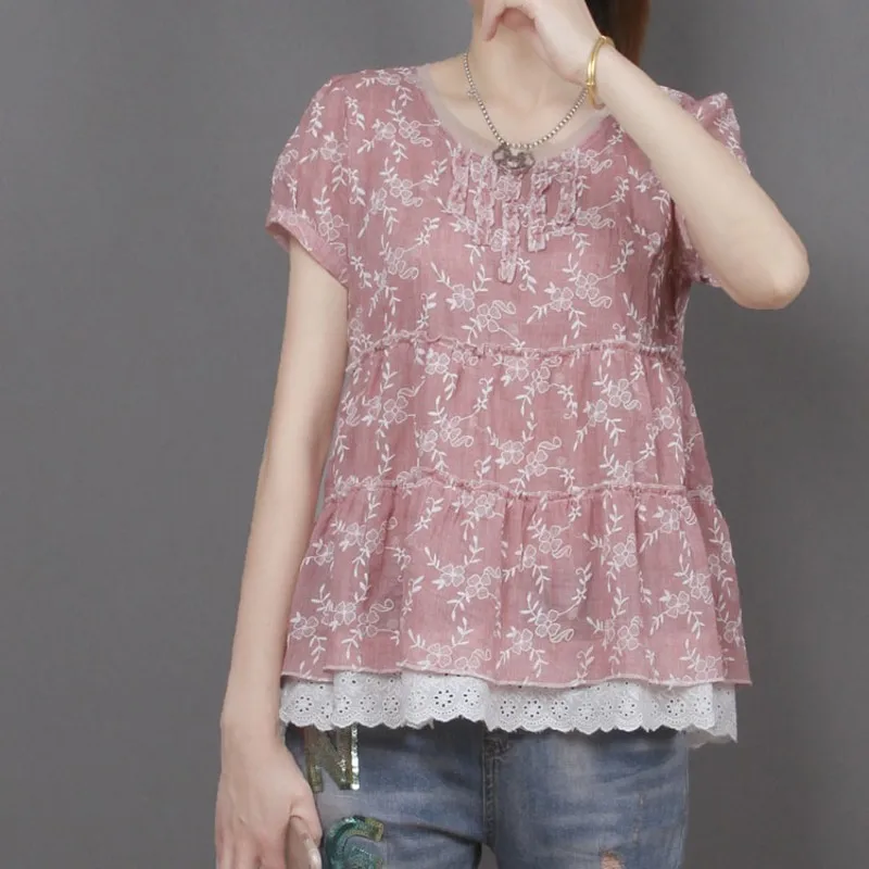 Летняя Повседневная Милая рубашка женская одежда с короткими рукавами и круглым вырезом с цветочной вышивкой топы из хлопка и льна блузки