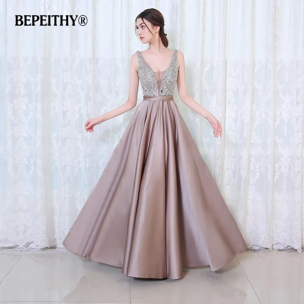 Charming V Neck Crystal Bodice Open Back A Line Long Evening Dress Party Elegant Vestido De
