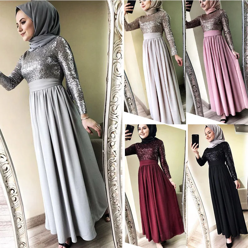 

Women Sexy Sequin Slim Muslim Maxi Dresses Malaysia Abayas Dubai Turkish High Waist Shiny Female Kaftan Robe Dress 5XL Plus Size