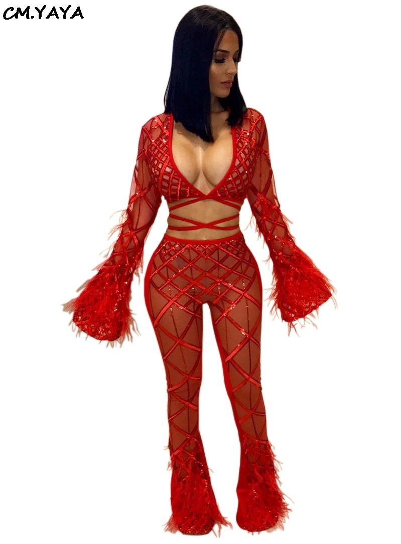 new women sequined diamonds flare long sleeve crop top long pants two