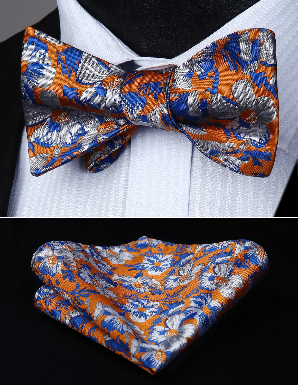 

BF808NS Orange Blue Flower Bowtie Men Butterfly Silk Self Bow Tie handkerchief set