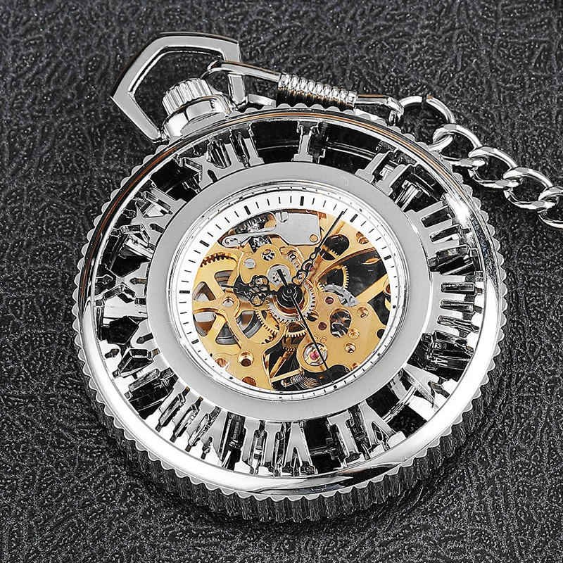 Роскошные золотые полые римские цифры механические часы стимпанк Золотой Винтаж руки Ветер механические часы брелок с цепью Мужские
