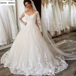 Высокое качество Vestido De Noiva 2019 Trouwjurk A-Line Длинные рукава Свадебные платья Бисероплетение кружевное свадебное платье с длинная вуаль