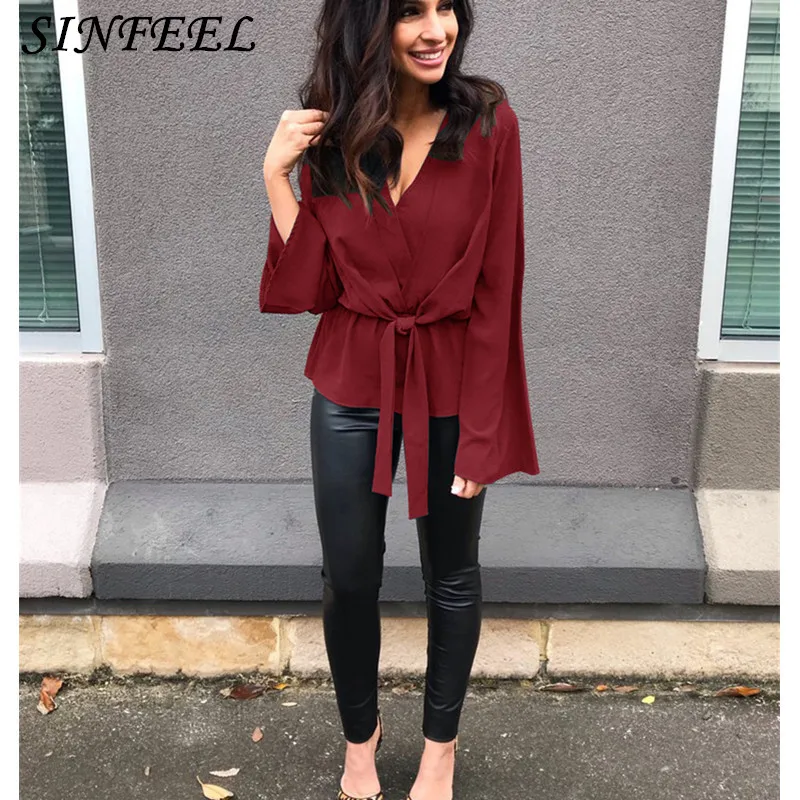 

Women Shirts Spring Sexy V-Neck Chiffon Blouse Women Top Camisa Feminina Long Sleeve Ladies Solid Lace Up Blouse Femme Shirt