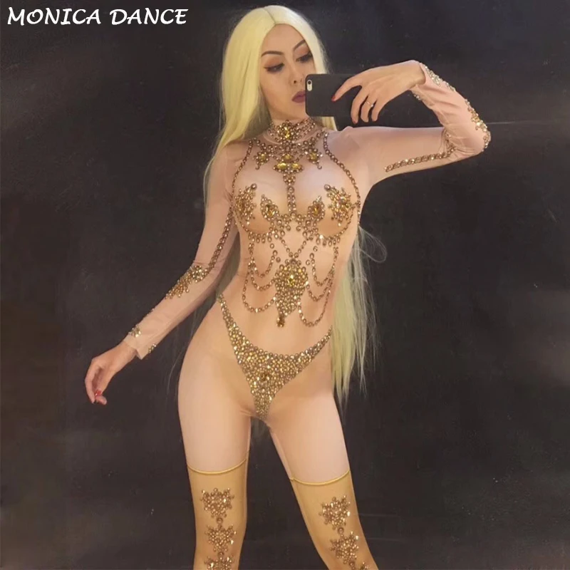 

Women Gold Sparkling Crystals Sexy Jumpsuit Dj Ds Nightclub Party Dancer Singer Bodysuit Performance Stage Wear Costome Outfit