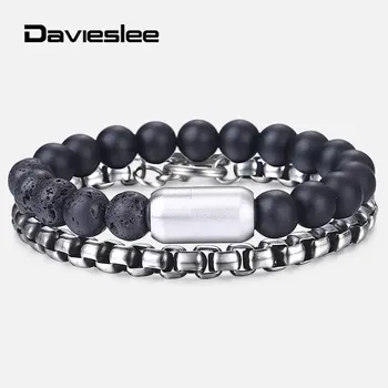 

2Pcs/Set Fashion Mens Bracelet Box Link Stainless Steel Chain Matte Black Beads Bracelet Volcanic Rocks Beads Jewelry DLBF27
