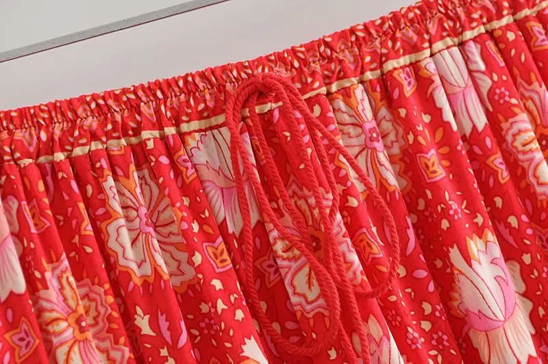 Богемный цветок длинная юбка с принтом красный праздник Для женщин шить плиссированные шнуровкой поток эластичный пояс Юбка-миди пляжные