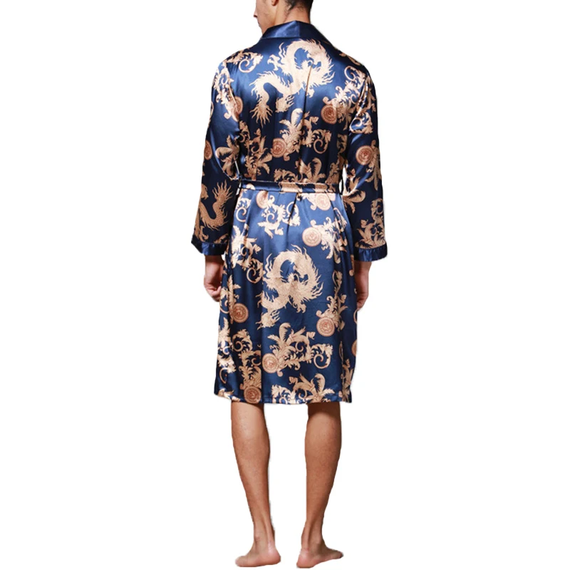 Этническая мужской халат шелковый кимоно халат одежда с длинным рукавом Китайский Lucky Dragon печати пижамы Masculina ночь