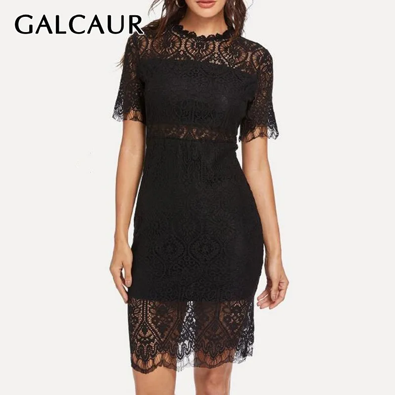 

GALCAUR Elegant Solid Women Dress O Neck Short Sleeve High Waist Hollow Out Slim Lace Dresses Female Fashion Clothes 2019 New
