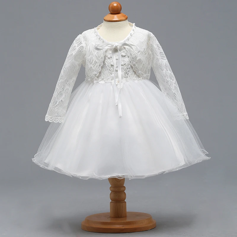 

Retail Elegant Lace Floral Little Baby Wedding Dress With Pearl Long Sleeves Coat Baby Girl First Communion Dress BBTZ007