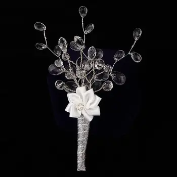 

Handmade Wedding Groom Groomsman Boutonniere Clear Acrylic Beads With White Fabric Flower Buttonhole Man Suit Pin Brooch Flower