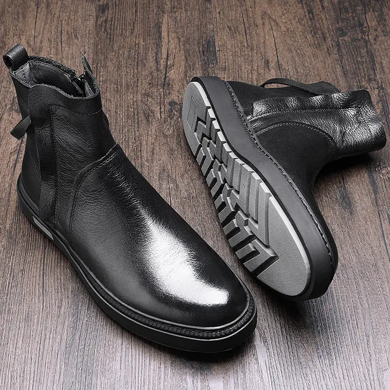 Ботинки в стиле ретро; мужские ботинки челси из натуральной кожи; модные дизайнерские ботинки; Повседневная зимняя обувь - Цвет: Black