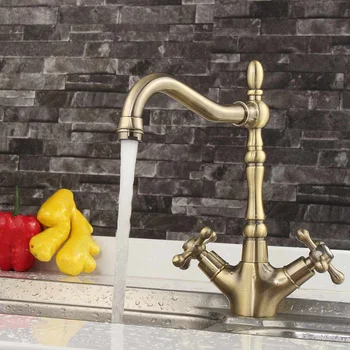 

Xueqin Antique Brass Bathroom Double Handle Basin Faucet Kitchen 360Rotation Washbasin Spout Hot and Cold Water Mixer Taps