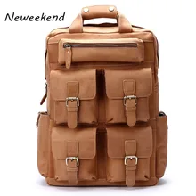 NEWEEKEND Genuine Leather Top Cow Genuine Leather Multi-Pocket Crazy Horse 15 Inch Shoulder Backpack Laptop Travel Luggage Bag