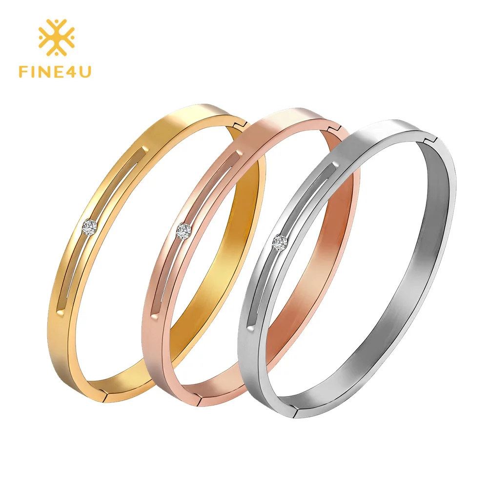 New FINE4U B047 316L Stainless Steel Cuff Bracelet For Women Tension Setting CZ Bracelets& Bangles 3 Colors Choices