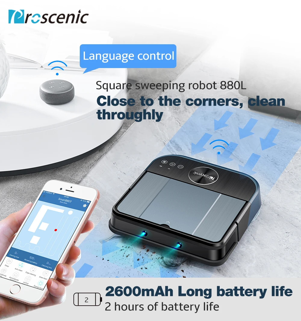 Робот пылесос Proscenic Cocosmart 880L с поддержкой Wi Fi и возможностью подключения Alexa 2 в 1