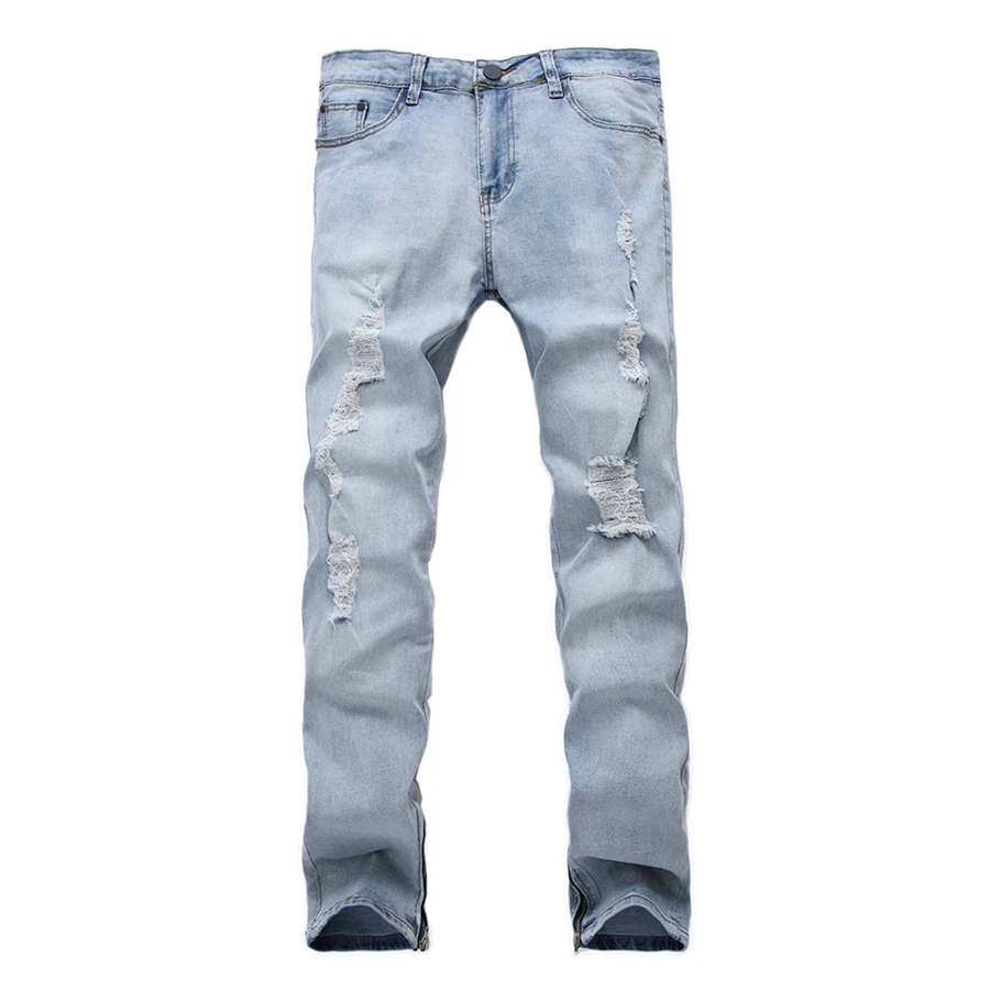 

Denim Jeans Men Stretch Distressed Ripped Jeans Straight Slim Denim Zipper Pants Trousers