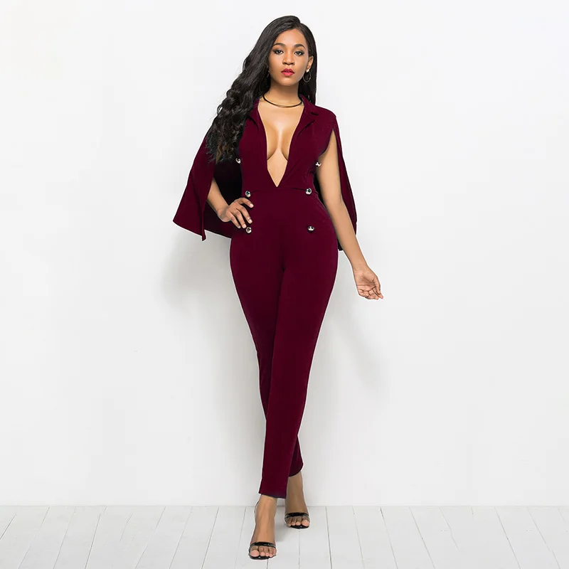 Yok'S Autumn Womens Jumpsuits Sexy Solid Deep V-Neck Cloak Jumpsuits For Female Fashion Buttons Cloak Cape Bodysuit S-XXXL DN256