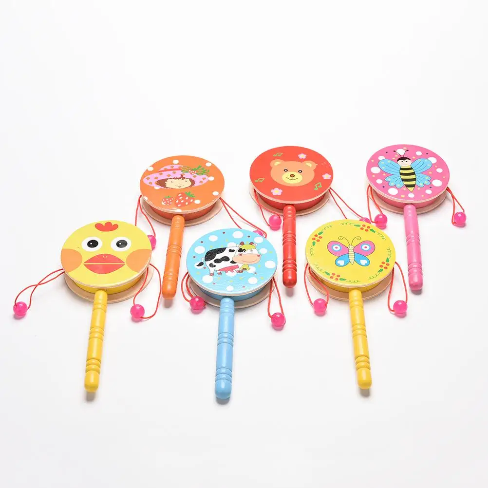 Wooden Funny Rattle Drum Spin Toys Cartoon Handbell Musical Instrument