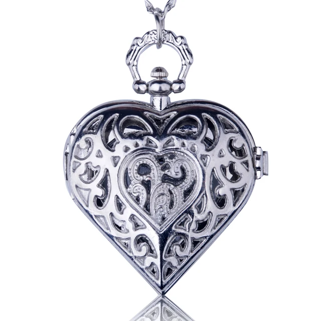 Fashion Silver Bronze Hollow Quartz Heart-shaped Pocket Watch Necklace Pendant W Fashion Silver Bronze Hollow Quartz Heart-shaped Pocket Watch Necklace Pendant W