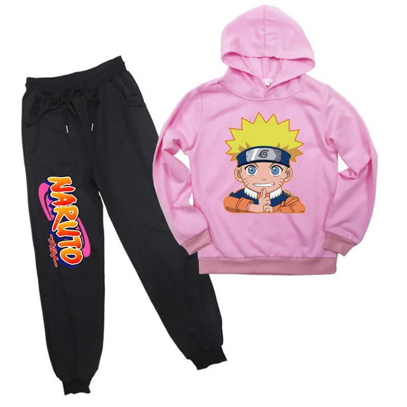 Лидер продаж, Детский комплект, Uzumaki, костюм с принтом Наруто хлопковый свитер с капюшоном для мальчиков и девочек штаны-шаровары повседневный костюм для бега - Цвет: Розовый