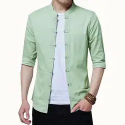 Мужская хлопковая и льняная рубашка в китайском стиле с воротником, однотонная Повседневная рубашка, Весенняя Мужская модная тонкая