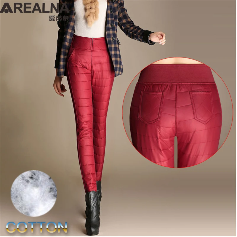 

Capris Down Pants Woman Winter High Waist Skinny Warm Formal Pants Female Black Red Elastic Waist Work Trousers Women Plus Size