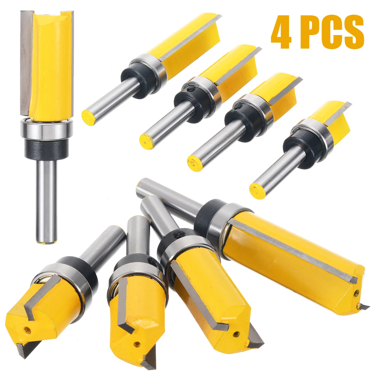 4pcs/set 3/4'' Shank Woodworking Flush Trim Router Bit Straight Woodworking Milling Cutter Tool Set