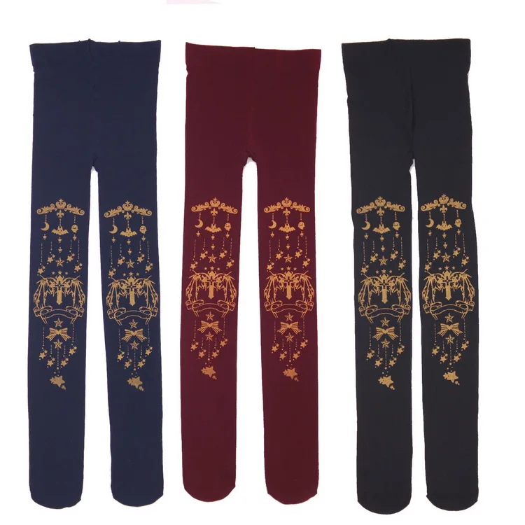 

Cute Women's Spring Tights Gold Little Devil and Cross Stamped Pantyhose 3 Colors