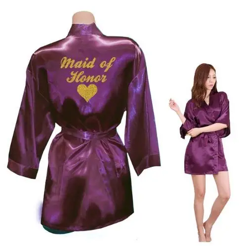 Bridesmaid Robes Bridesmaid Heart Golden Glitter Print Faux Silk Kimono Robes Wedding Gift Bride Team Bachelorette Lov - Цвет: purple Maid of Honor
