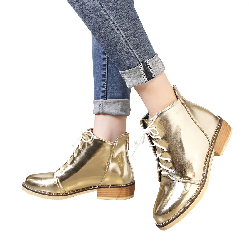 

Masorini Silver Gold Boots 2018 Women Lace Up Ankle Boots Platform Shoes Woman Slip on Casual Flats Winter Boots for Girls W-037