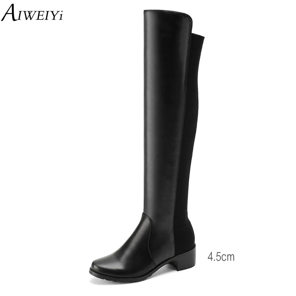 

AIWEIYi Thigh High Med Heel Boots Women Over the Knee Boots Comfort Fall Winter Soft Leather Boots Fashion Shoes Woman Black