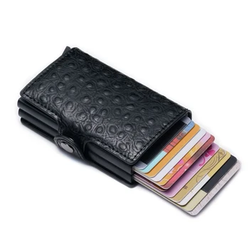 

Automatic Credit Card Holder Bank Card Case Protector Double Case Ostrich Pattern PU Leather Blocking Slim Mini Wallet Aluminum