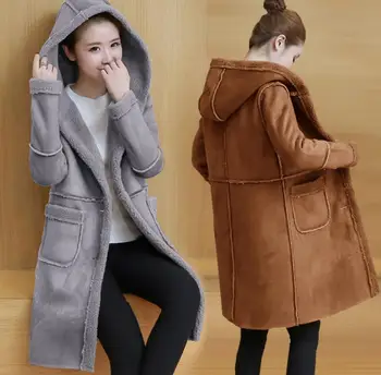 

2019 Winter Women Faux Lambs Wool Sheepskin Hooded Coat Female Medium Long Shearling Coats Faux Suede Leather Jackets
