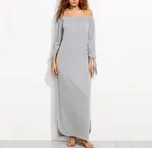 2017 New Fashion Sexy Long Shift Ladies Summer Heather Tie Long Sleeve Tshirt Dresses Casual Grey Off The Shoulder Slit Dress
