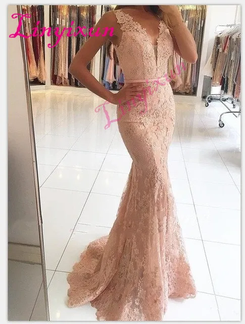 

2018 Prom Dresses Mermaid Deep V-neck Appliques Lace Women Party Maxys Long Prom Gown Evening Dresses Robe De Soiree