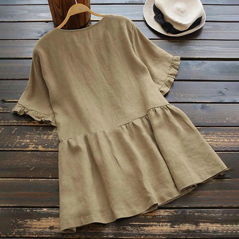 

Button Office Tops Work Oversized Loose Women's Short Sleeve Cotton Linen Solid Color Summer Lady Beach Casual