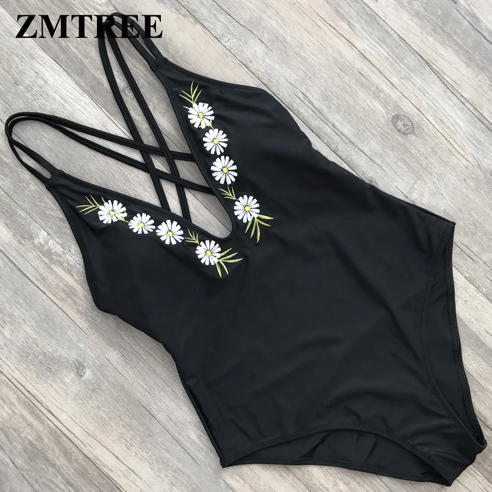 

ZMTREE One Piece Swimsuit Floral Swimwear Embroidered Bathing Suit Cross Back Bodysuit 2018 Deep V Swim suit Maillot De Bain