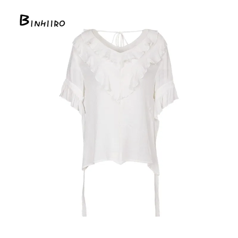 v neck ladies ruffled tops white flare sleeve womens blouses chiffon blouses summer casual short sleeve shirt Arrival new Blouses