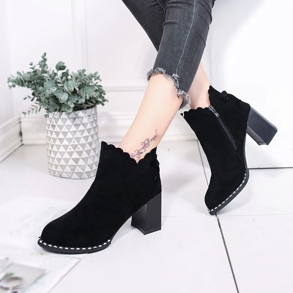 Boots In Shoes Women Female Thick With Short Boots Scrub Side Zip High Quality Autumn Winter Warm High Heels Bow Boots