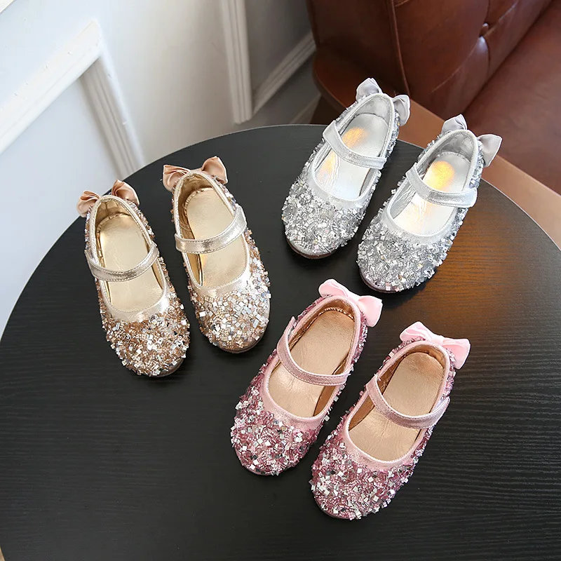

Kids Rhinestone Dress Shoes For Girls Size 26-36 Sequines Fashion Flats Bowknot Design Spring Summer Moccasin Leather Shoes