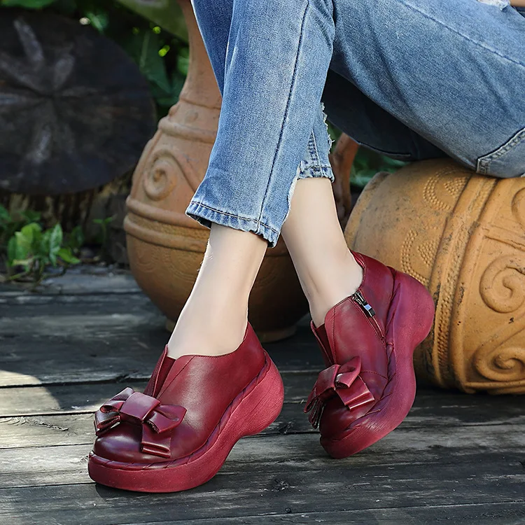 

2017 Women single shoes New spring bow genuine leather Elegant Vintage Handmade soft breathable sole wedge platform casual shoes