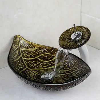 

Hand Painted Tempered Glass Art Maple Leaf Washbasin With Faucet Set vessel glass sink
