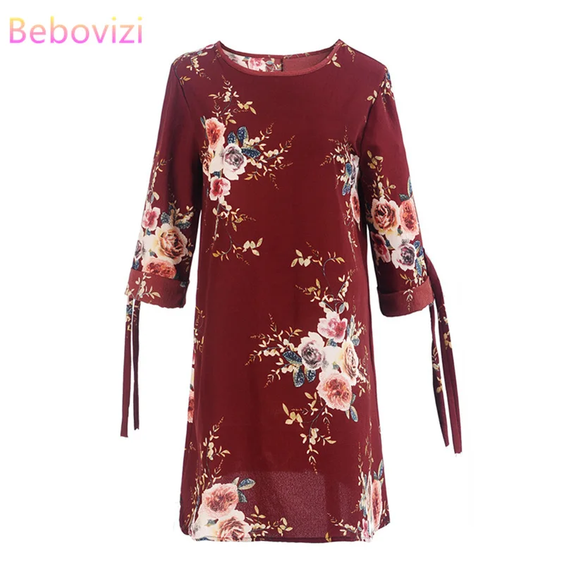 

Bebovizi Women New 2019 Summer Fashion Straight Casual Office Plus Size Dress Sexy Elegant Flower Print Vintage Red Wine Dresses